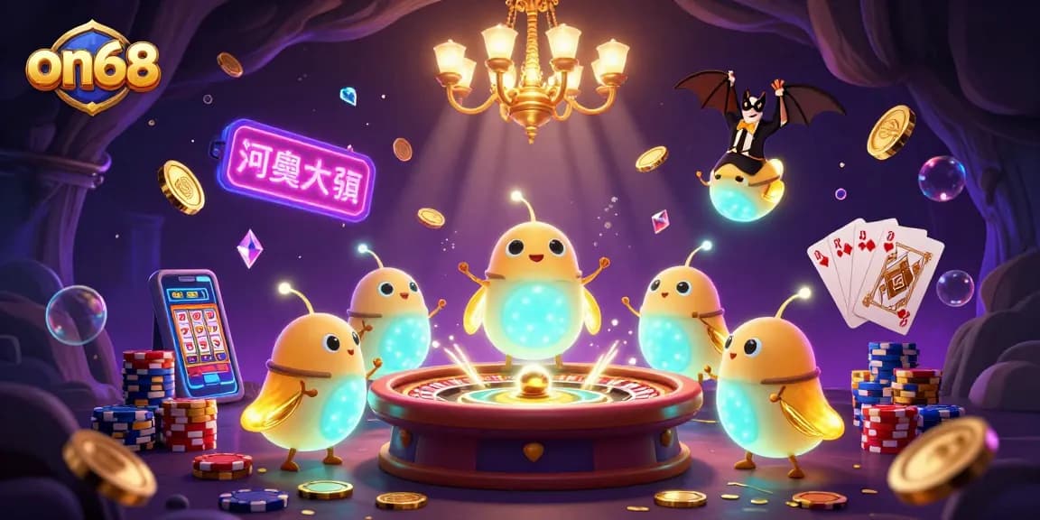 Experience the thrill of on68 with glowworms illuminating a vibrant 3D casino scene featuring cascading coins and spinning roulette.