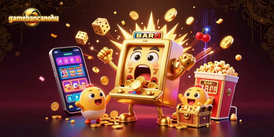 Experience gamebancanohu's vibrant jackpot celebration with a golden slot machine and cheering companions.