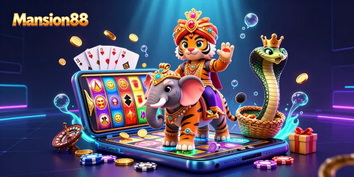 Experience Mansion88's vibrant gaming world with a thrilling scene featuring rich 3D illustrations of casino elements.