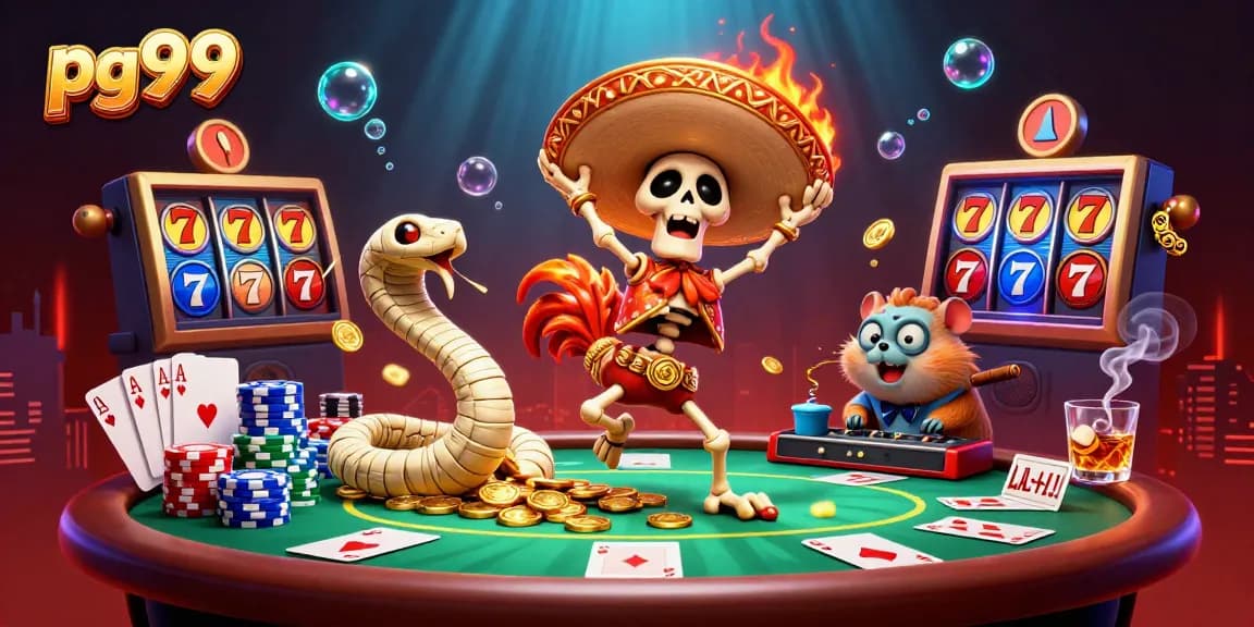 Engaging pg99 3D illustration showing a lively casino scene with colorful poker elements and characters.