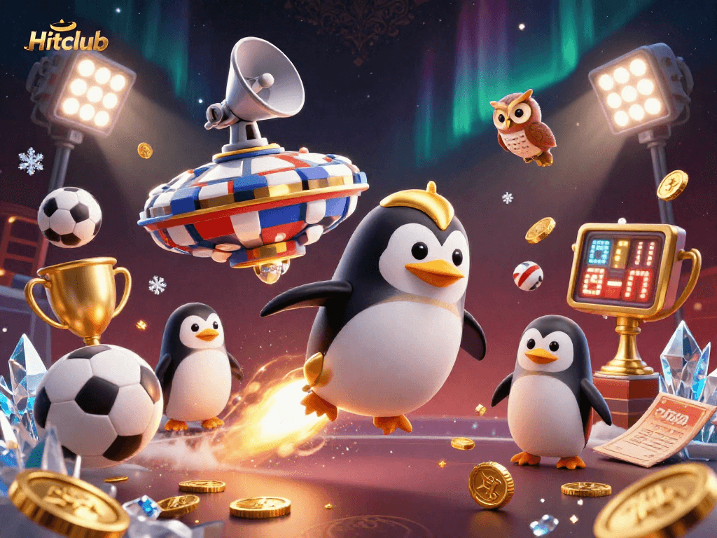 Hitclub's golden penguin soars through their space-themed casino, mixing sports and gambling elements.