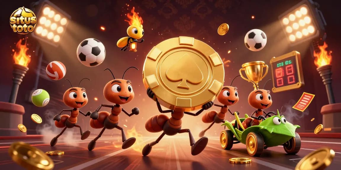 Engage with situs toto through an adventurous heist scene featuring cartoon ants and gold gaming elements.