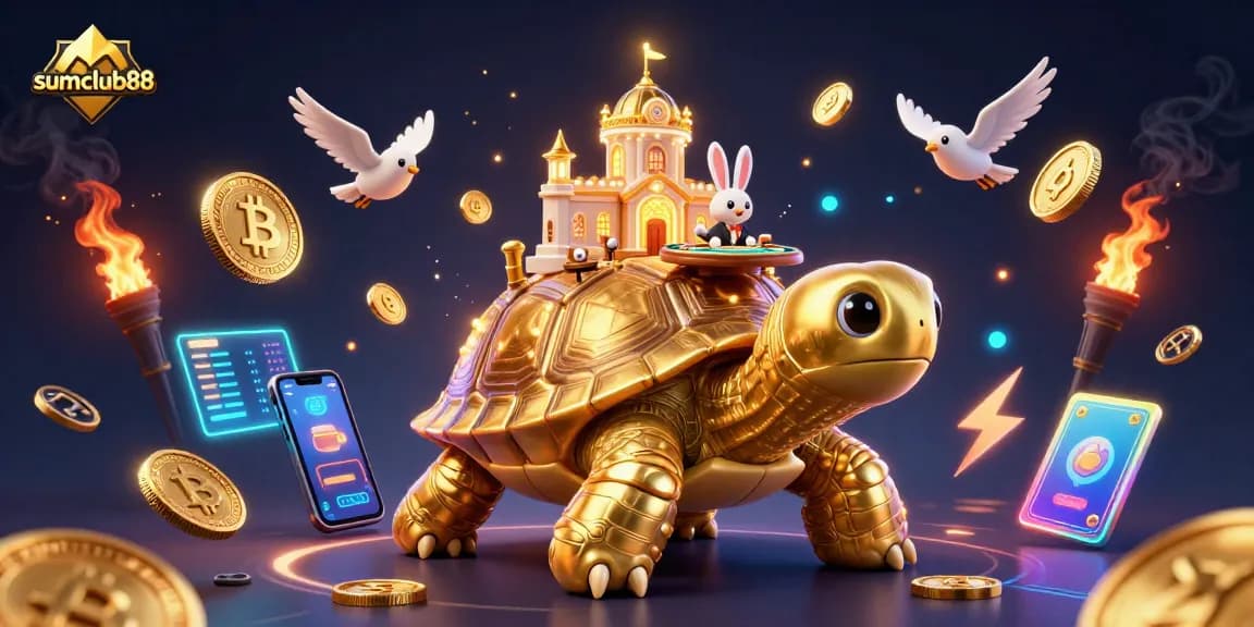 Engage in thrilling casino experiences with sumclub88's dynamic illustration featuring a golden tortoise and rabbit dealer.