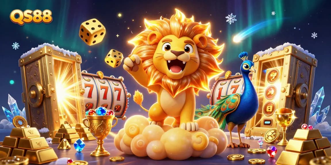 Play exciting games at QS88, featuring dazzling 3D illustrations of a lion, golden dice, and casino elements.