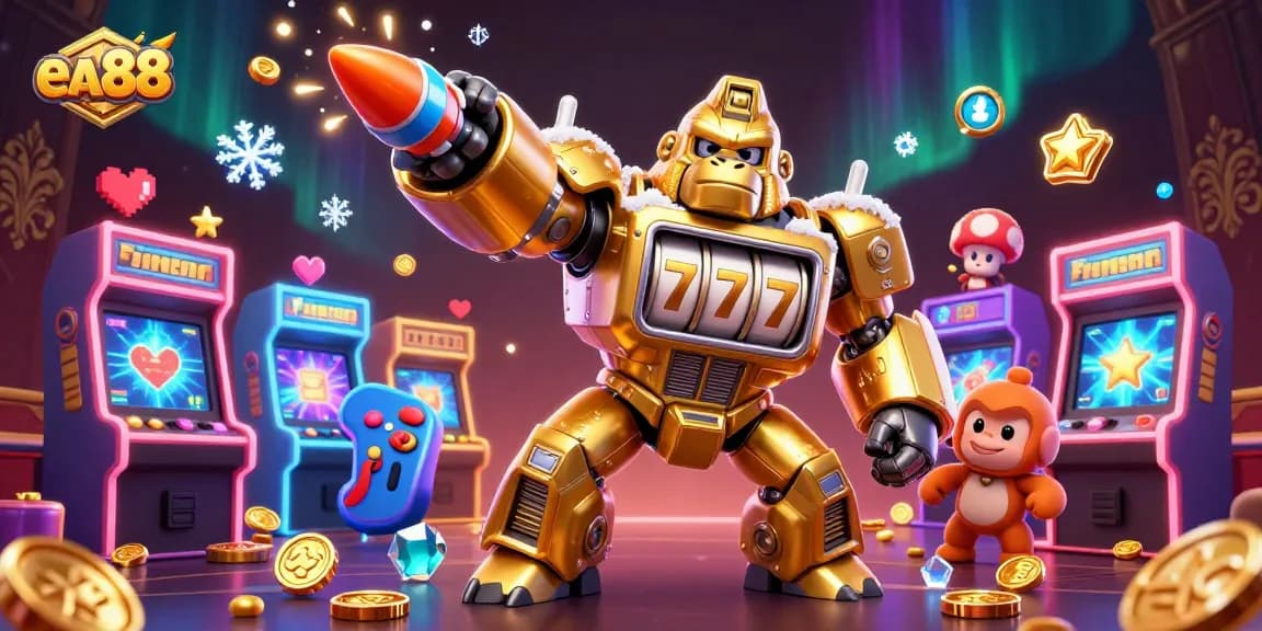 Experience the thrill of ea88 in this dynamic 3D illustration featuring a golden gorilla mech and casino elements.