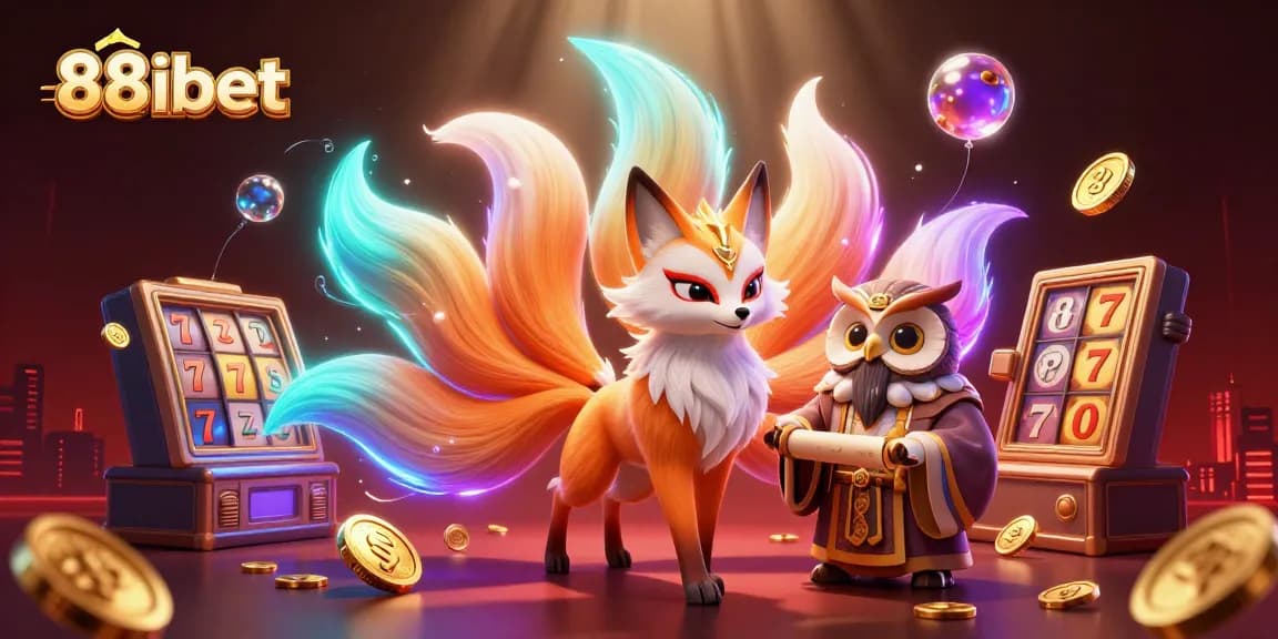 Experience high-stakes gaming at 88ibet with a vibrant 3D casino scene, featuring a mystical fox and wise owl.