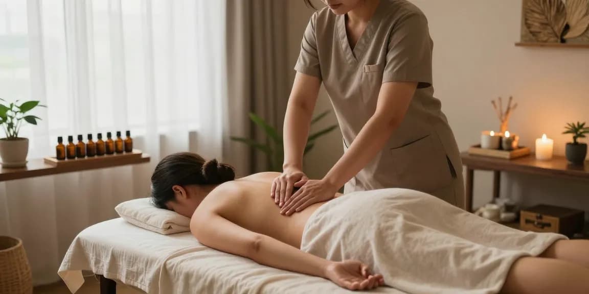 마사지 치료 중인 모습으로 편안한 분위기를 연출한 마사지실