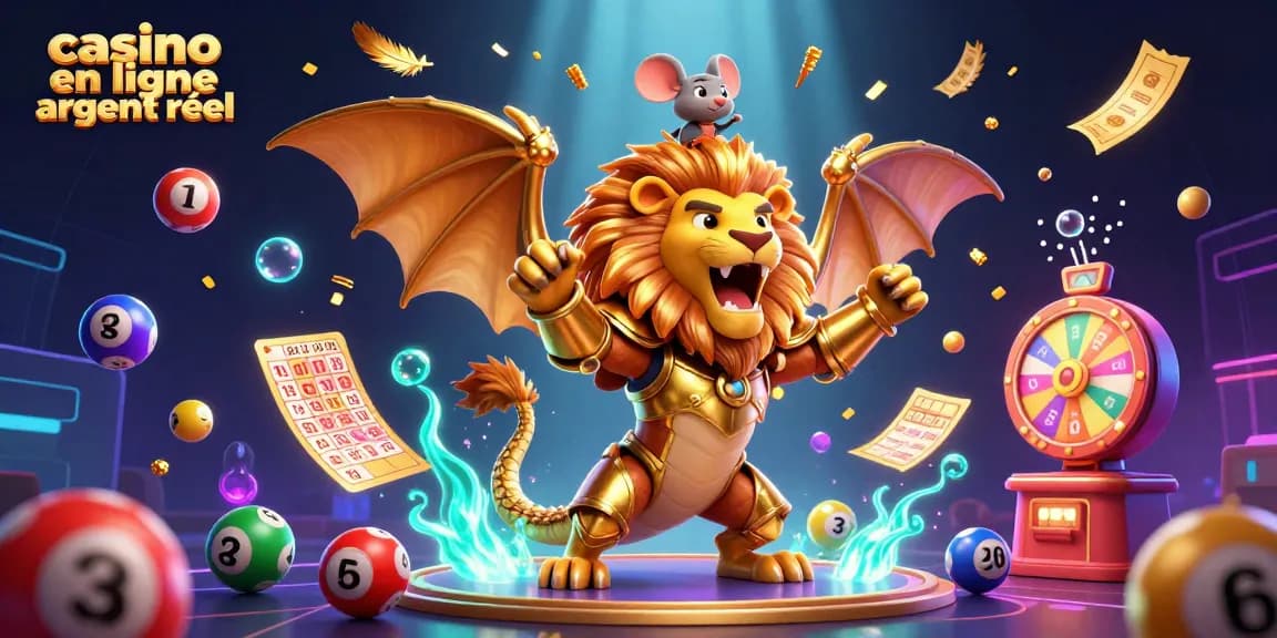 Gagnez des gains avec casino en ligne argent réel dans une illustration 3D dynamique remplie d'éléments de jeu
