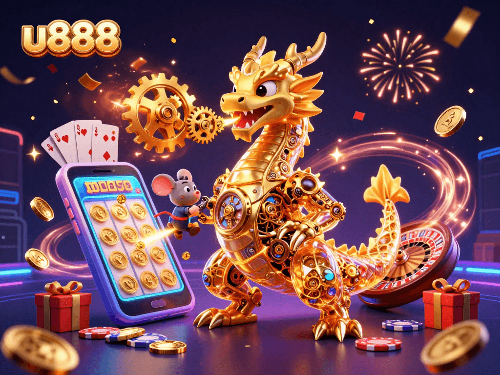 Experience thrills with u888 at a vibrant online casino featuring a dragon and slot action.