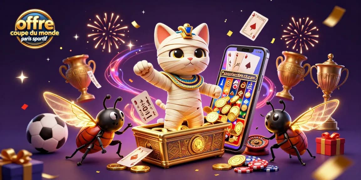 Offre coupe du monde paris sportif avec un chat momie égyptien et des éléments de jeu palpitants.