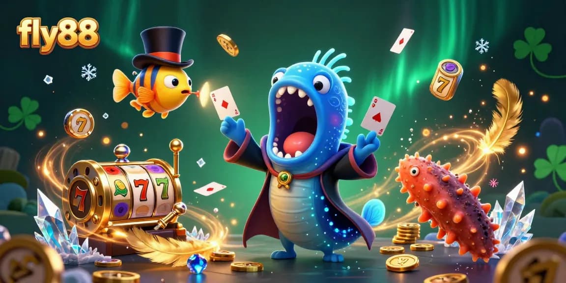 Engage in thrilling slot games at fly88 with vibrant 3D characters surrounded by golden coins and casino elements.