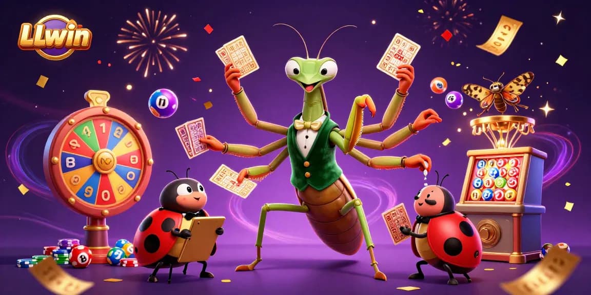LLwin brings excitement with vibrant lottery elements, as a giant mantis deals cards and pours champagne.