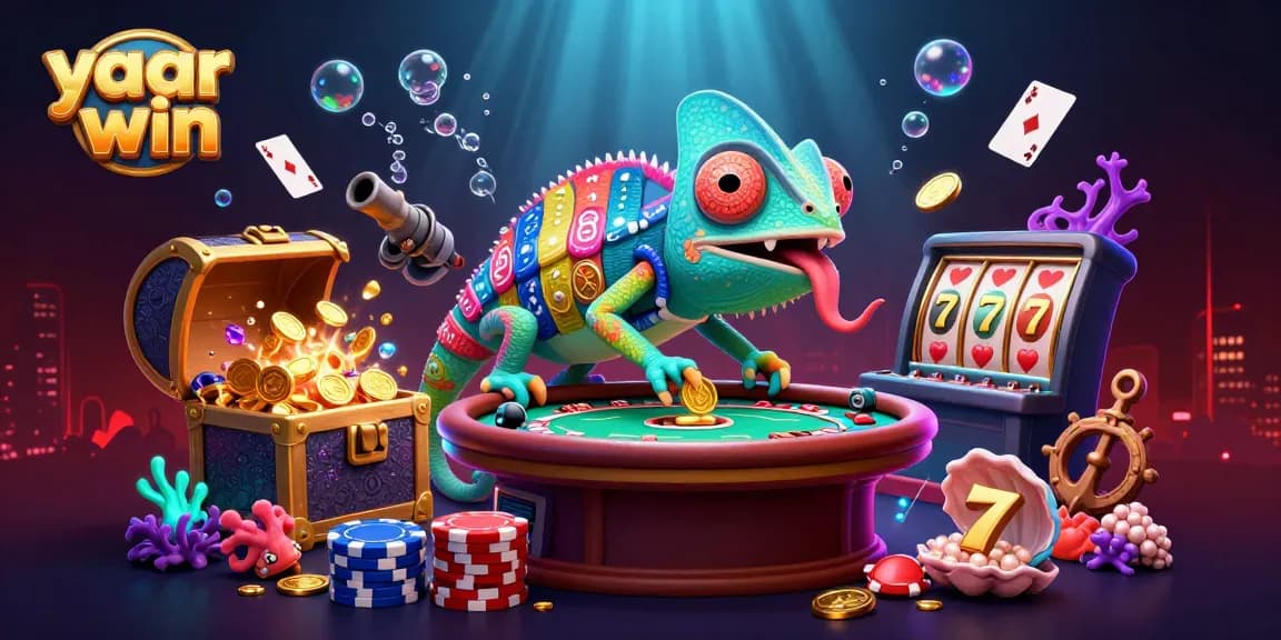 This vibrant 3D illustration of yaar win highlights a dynamic casino scene with a chameleon owner capturing coins.