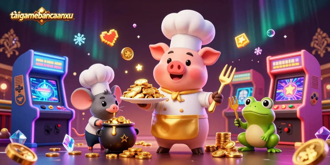 Engage with taigamebancaanxu in this vibrant 3D casino scene featuring chefs and game elements.