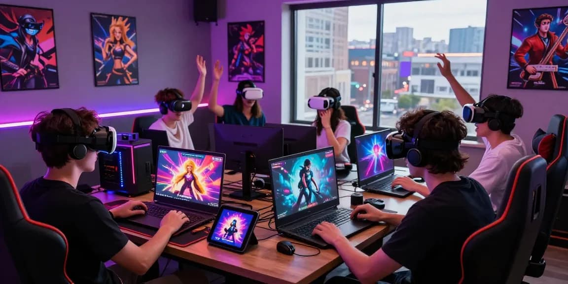 Exciting scene of friends playing various sex games on different devices surrounded by bright LED lights.