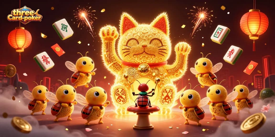 Engage in three-card-poker with a vibrant lucky cat scene showcasing dynamic casino symbols.