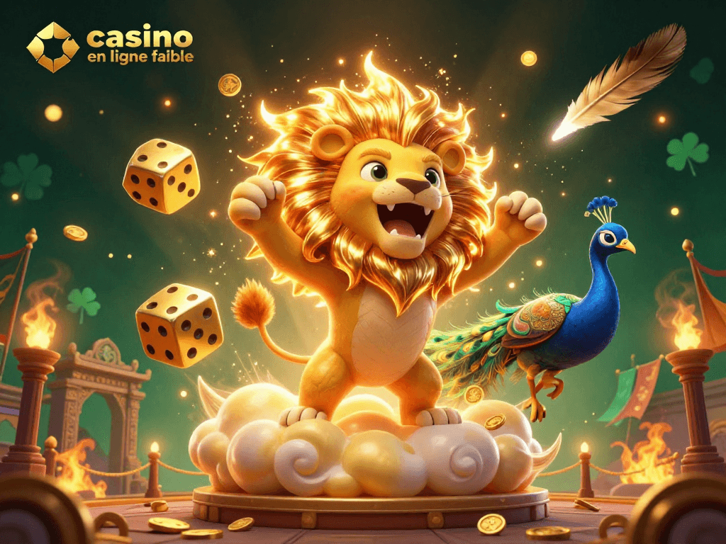 Jouez avec confiance dans un casino en ligne fiable, entouré de lions et de dés dorés, dans un univers captivant.