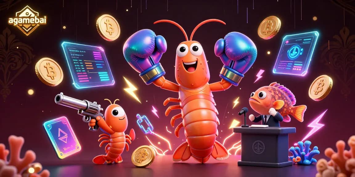 Join the action with agamebai as cartoon shrimp confronts a vibrant cryptocurrency casino.