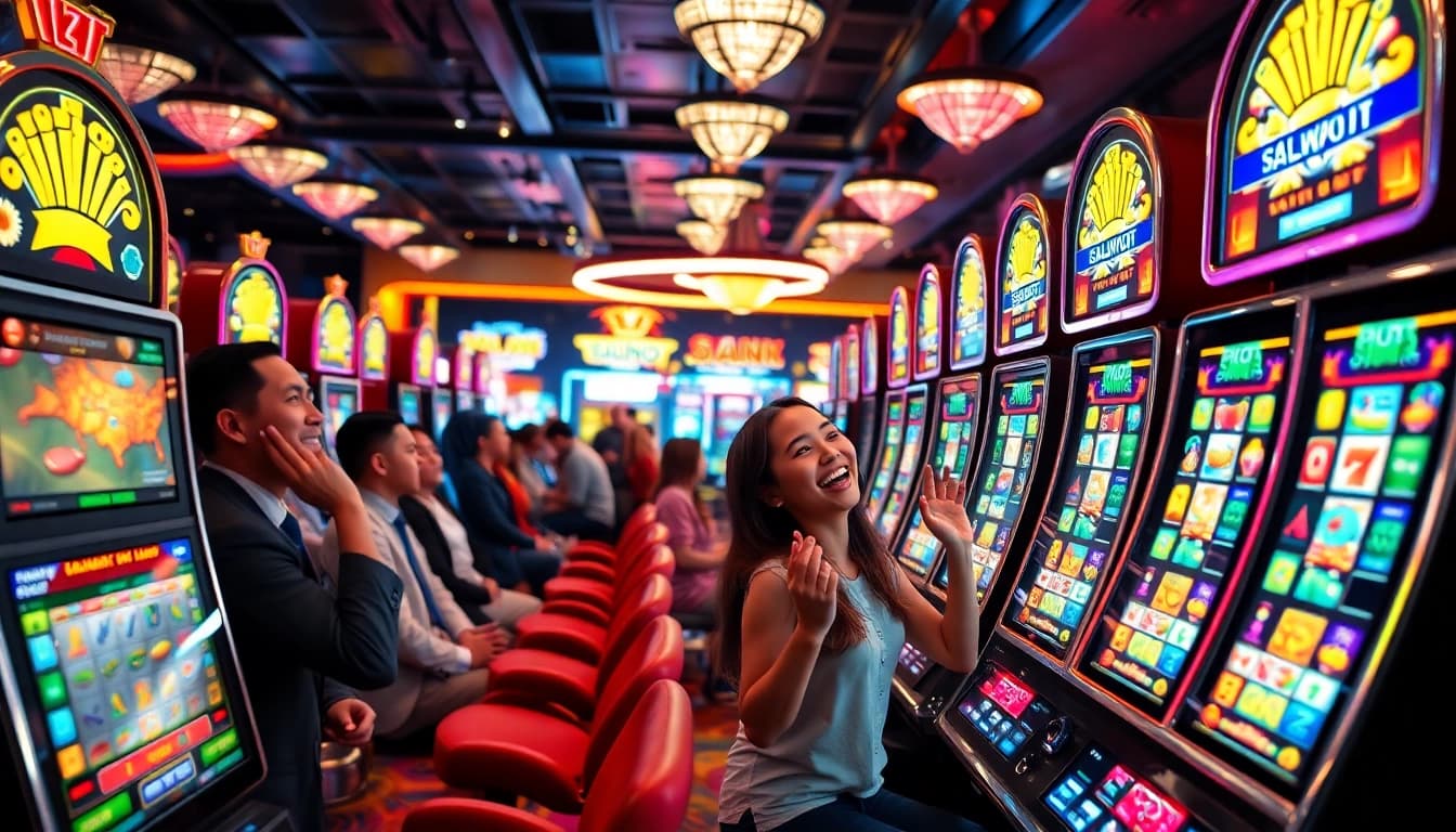 Engage in thrilling slot gambling with vibrant slot machines and excited players cheering in a lively casino.