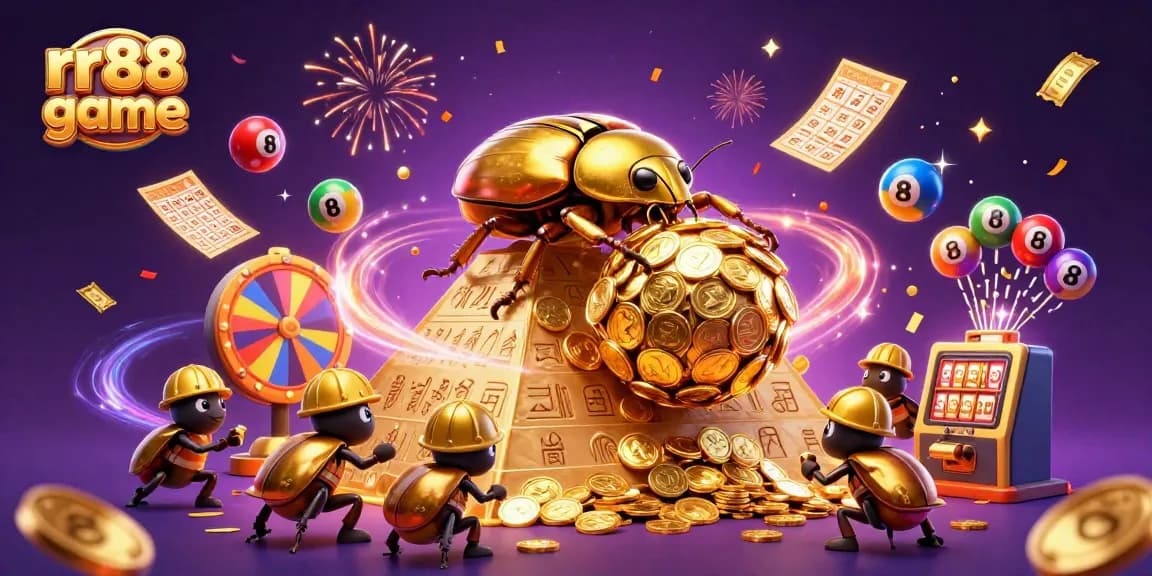 Experience the excitement of rr88 game with vibrant elements showcasing a golden dung beetle in action.