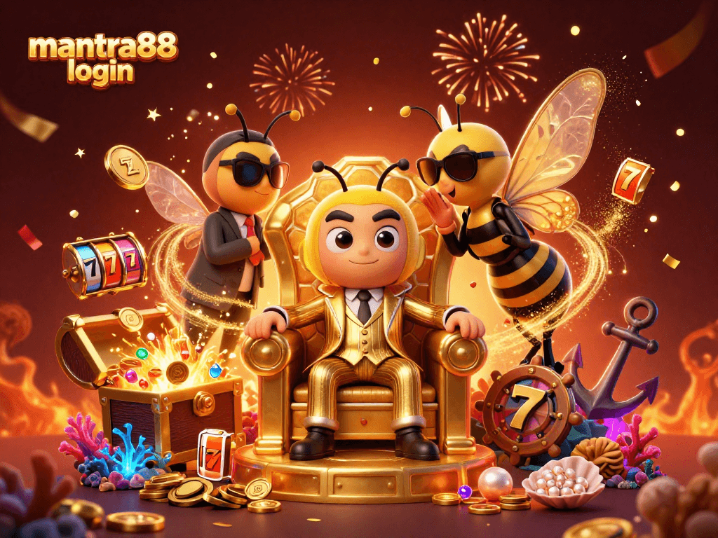 Engage with mantra88 login in a vibrant casino scene featuring a bumblebee mob boss and rich game elements.