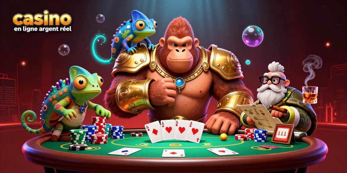 Le gorille roi et ses compagnons explorent le casino en ligne argent réel avec des cartes et des jetons multicolores.