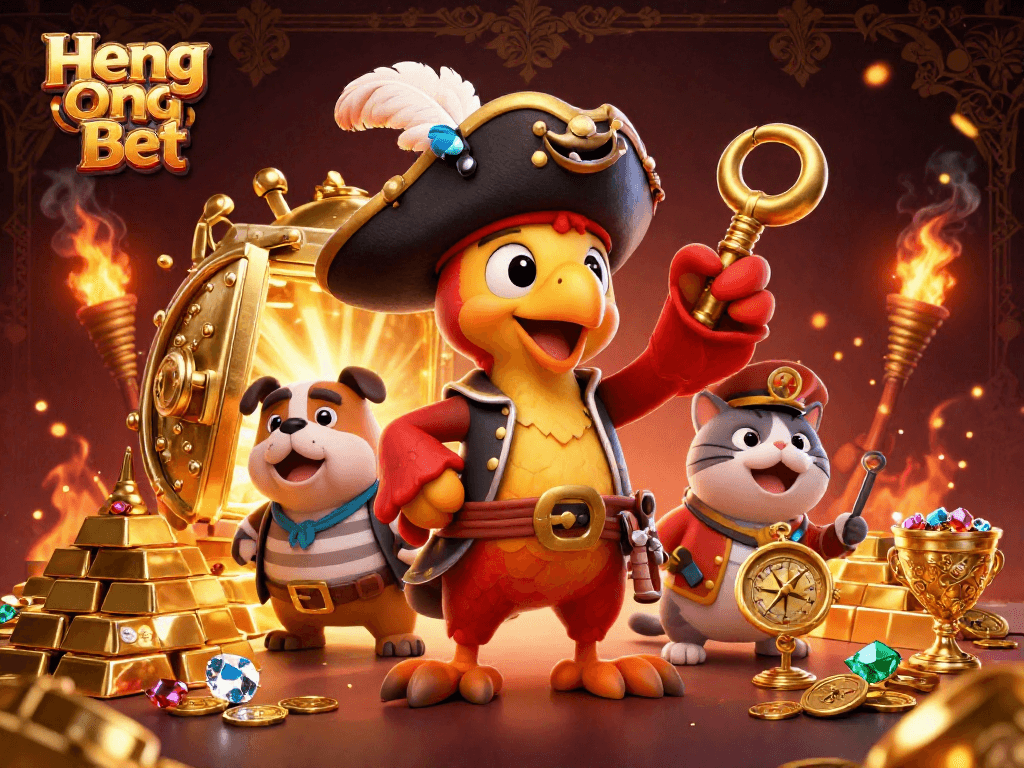 Engage in thrilling casino adventures with Heng Ong Bet, featuring golden treasures and vibrant 3D characters.