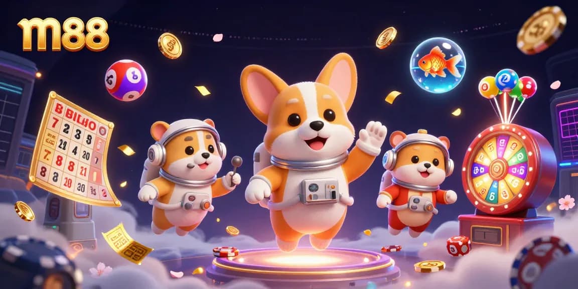 Join the excitement of m88 casino with floating characters, vibrant lottery balls, and dynamic gaming elements!