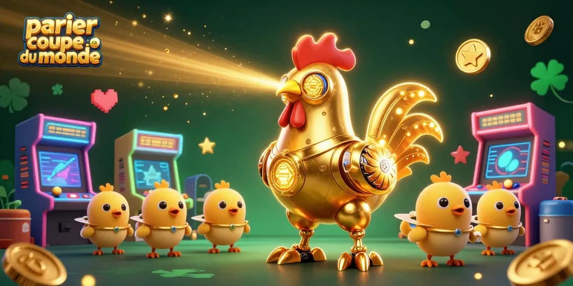 Parier coupe du monde avec un robot coq doré futuriste et des drones, entouré d'éléments de jeux casino.