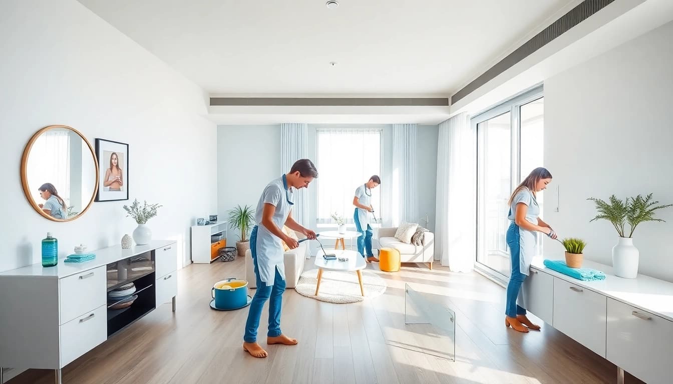 Professionals performing Bond cleaning Logan in a clean, bright apartment.
