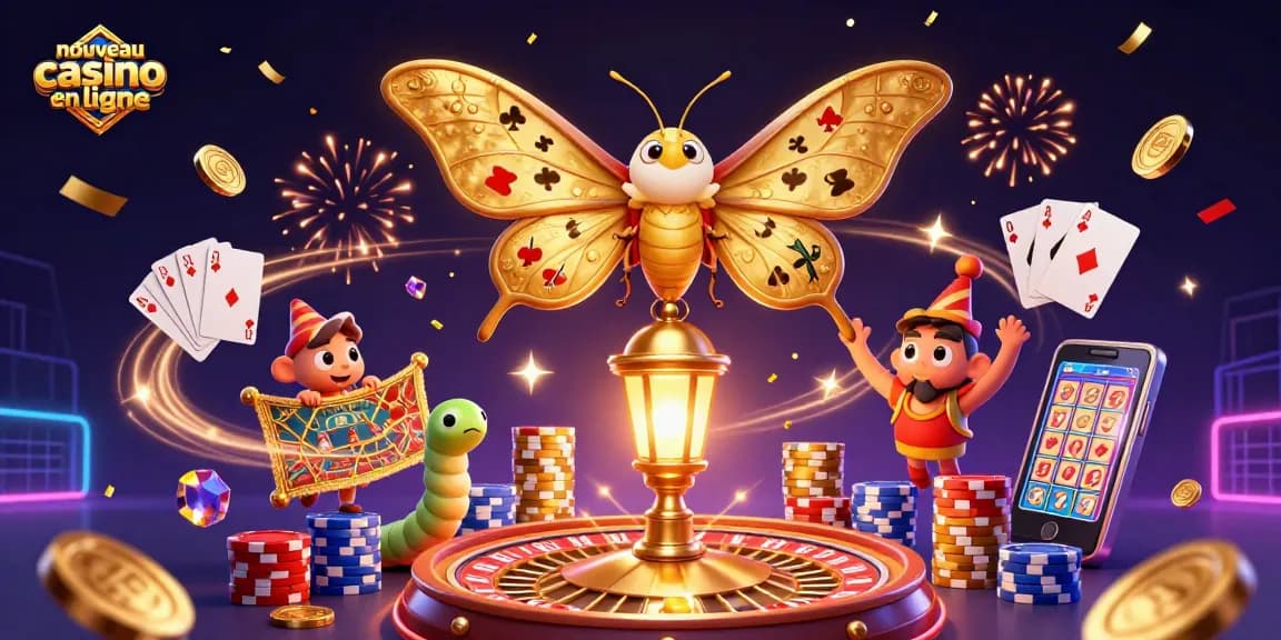 Admirez cet aperçu captivant du nouveau casino en ligne avec des papillons majestueux et des jetons de casino scintillants.