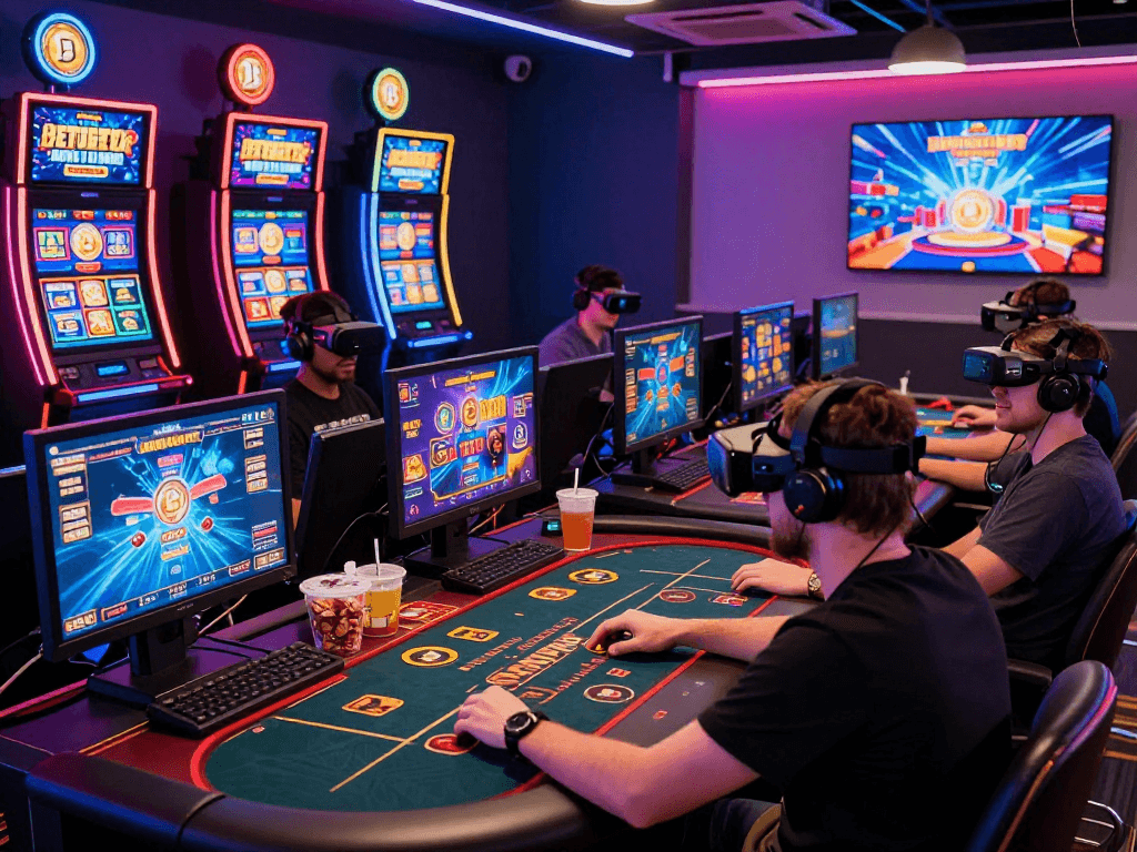 Exciting crypto casino gaming scene showcasing diverse players engaged in a virtual tournament, colorful digital themes.