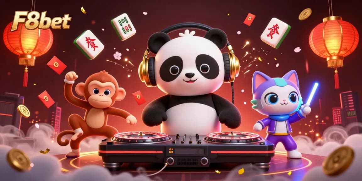Experience the thrill of F8bet with a DJ panda and lively characters in a vibrant casino scene.