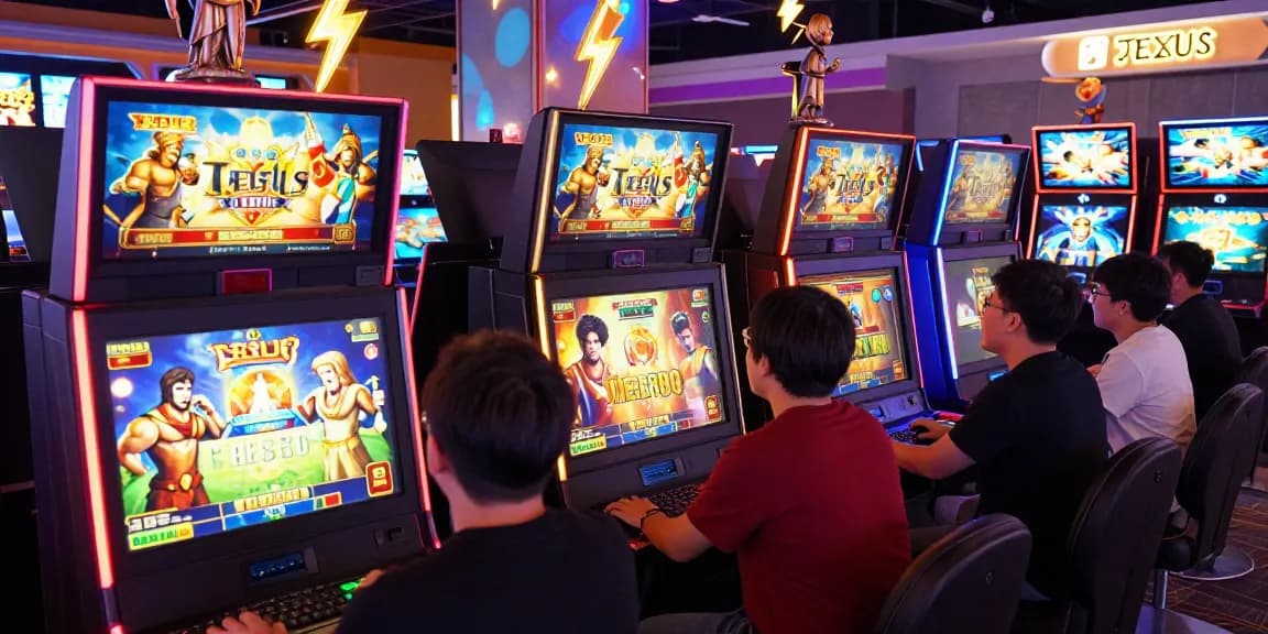 Exciting Zeus-themed online gaming scene with players using slot olympus machines, showcasing engaging graphics and vibrant atmosphere.