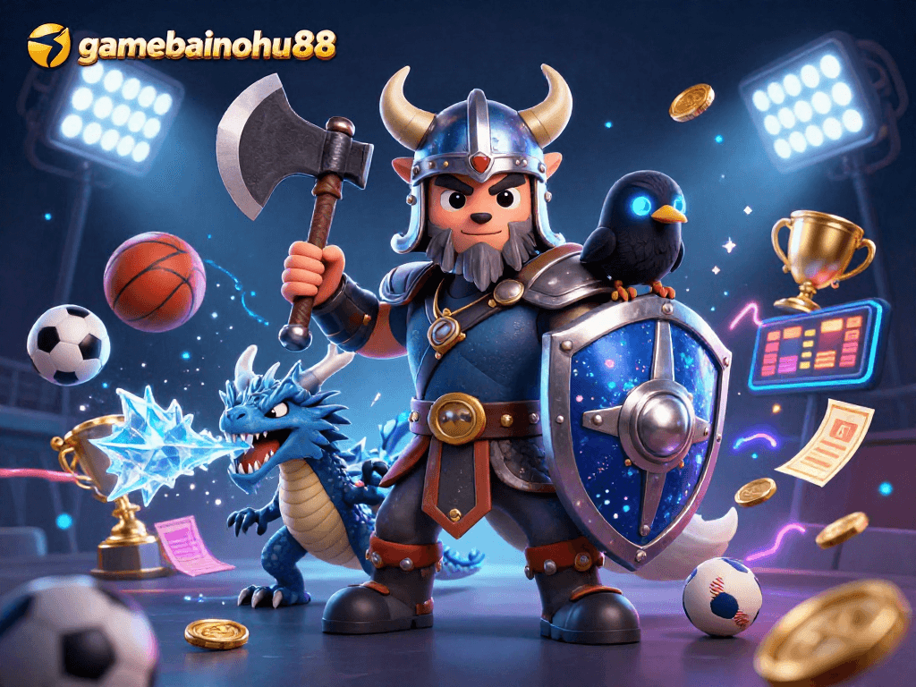 Experience the thrill of gamebainohu88 with dynamic action from cartoon Viking warrior, dragon, and raven.