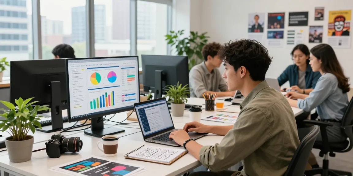 Digital marketing professional analyzing metrics click here for insights in a modern workspace.