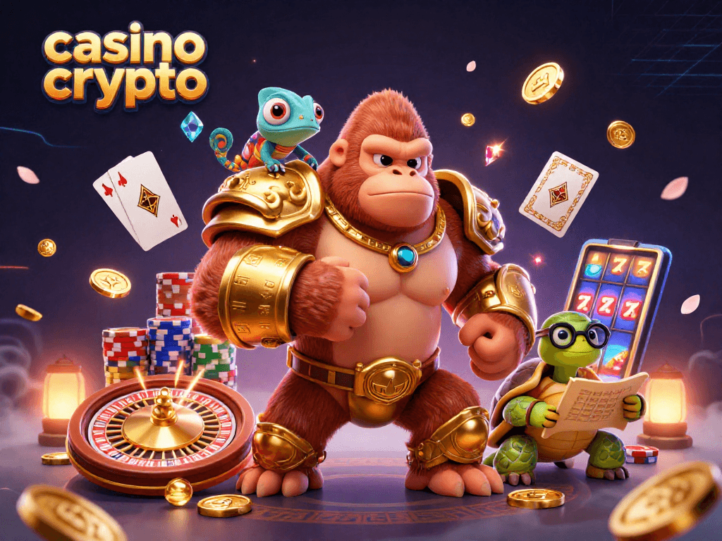Illumination du casino crypto avec des personnages dynamiques et des pièces dorées virevoltant.