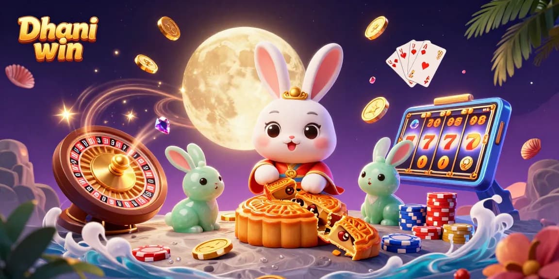 Dhani win showcases a 3D illustration with a moon rabbit and gaming elements, presenting an enchanting gambling experience.