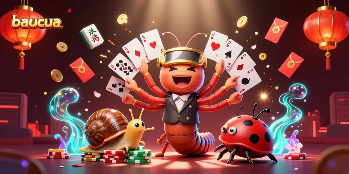 Engage in the lively baucua game with colorful characters and rich casino elements in a vibrant scene.