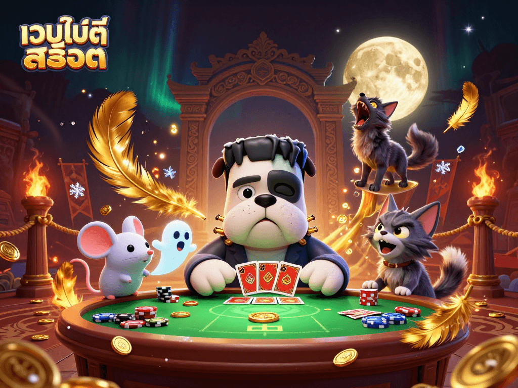 ภาพการ์ตูน 3D ของเว็บไซต์สล็อต ที่มีสุนัขฟรankenstein แจกไพ่ในคาสิโน