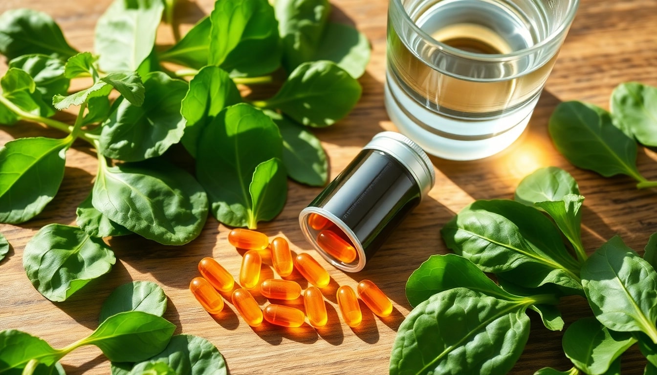 Astaxanthin dosage guide in a health-focused setting with capsules and fresh spinach.