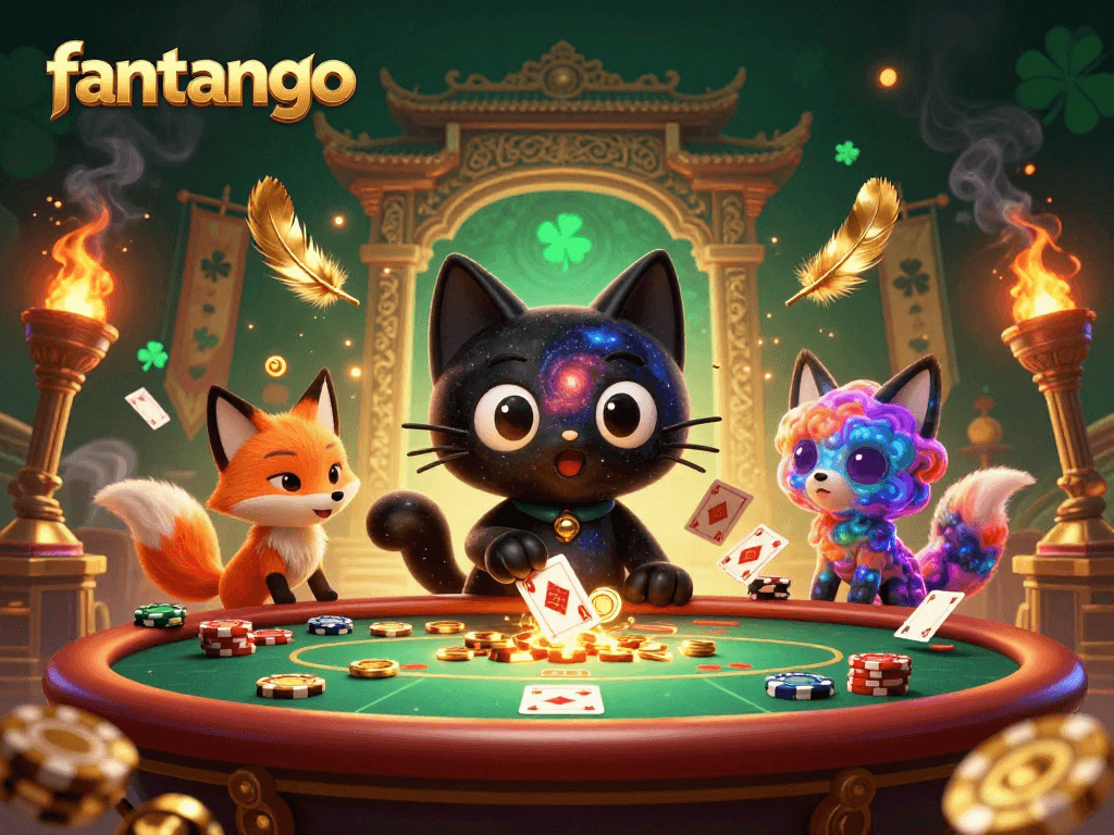 Engage with the thrilling action of fantango as a cosmic casino unfolds in a vibrant 3D illustration.