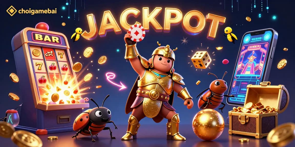 Win big with choigamebai as a beetle hero celebrates with casino treasures and glowing symbols.