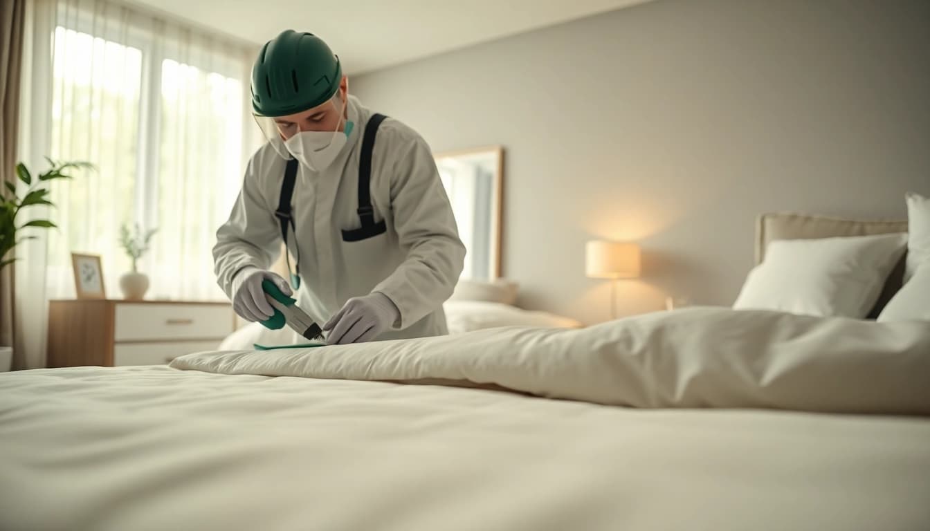 Execute a bed bug removal solution with a technician in action in a clean bedroom.
