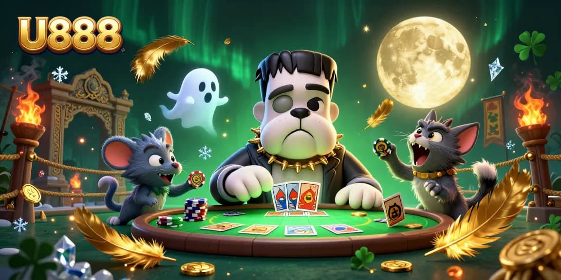 U888 offers a thrilling casino experience with a vibrant scene featuring unique characters like a Frankenstein bulldog and ghost mouse.