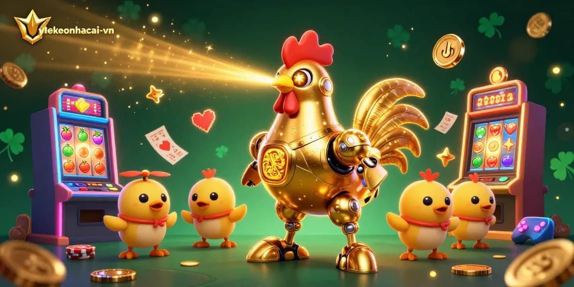 Engage in exciting slots action with tylekeonhacai-vn featuring a golden rooster robot and baby chick drones.