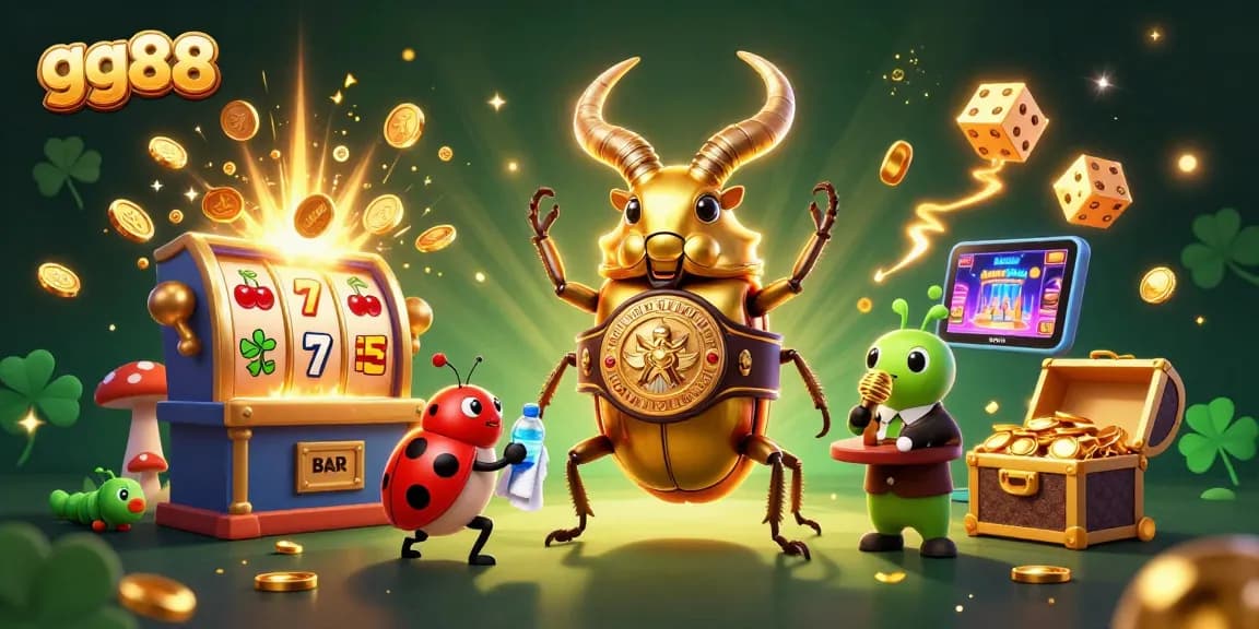 Experience thrilling action at gg88 with a giant stag beetle champion and vibrant casino elements.