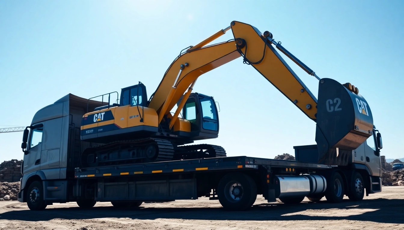 Capture of efficient equipment transportation truck loading an excavator on-site.