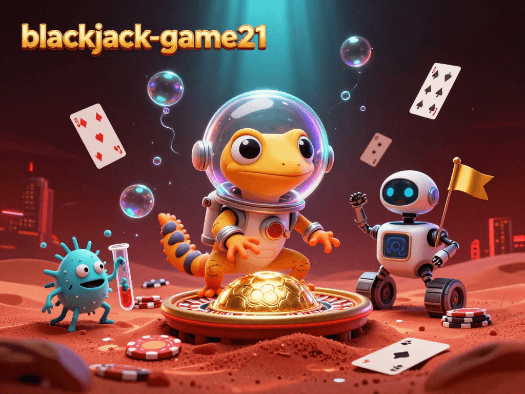 Experience blackjack-game21's thrilling gameplay with a Martian gecko in a vibrant casino scene.