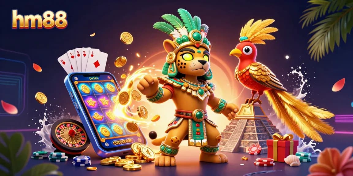 hm88 casino illustration showcasing vibrant slot game elements and a Mayan priest character.